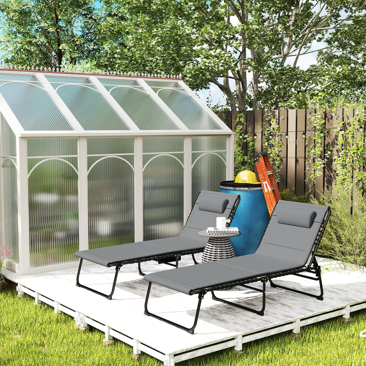 Set of 2 Folding Sun Loungers with Headrest & Side Pocket, Charcoal Grey — product view 4