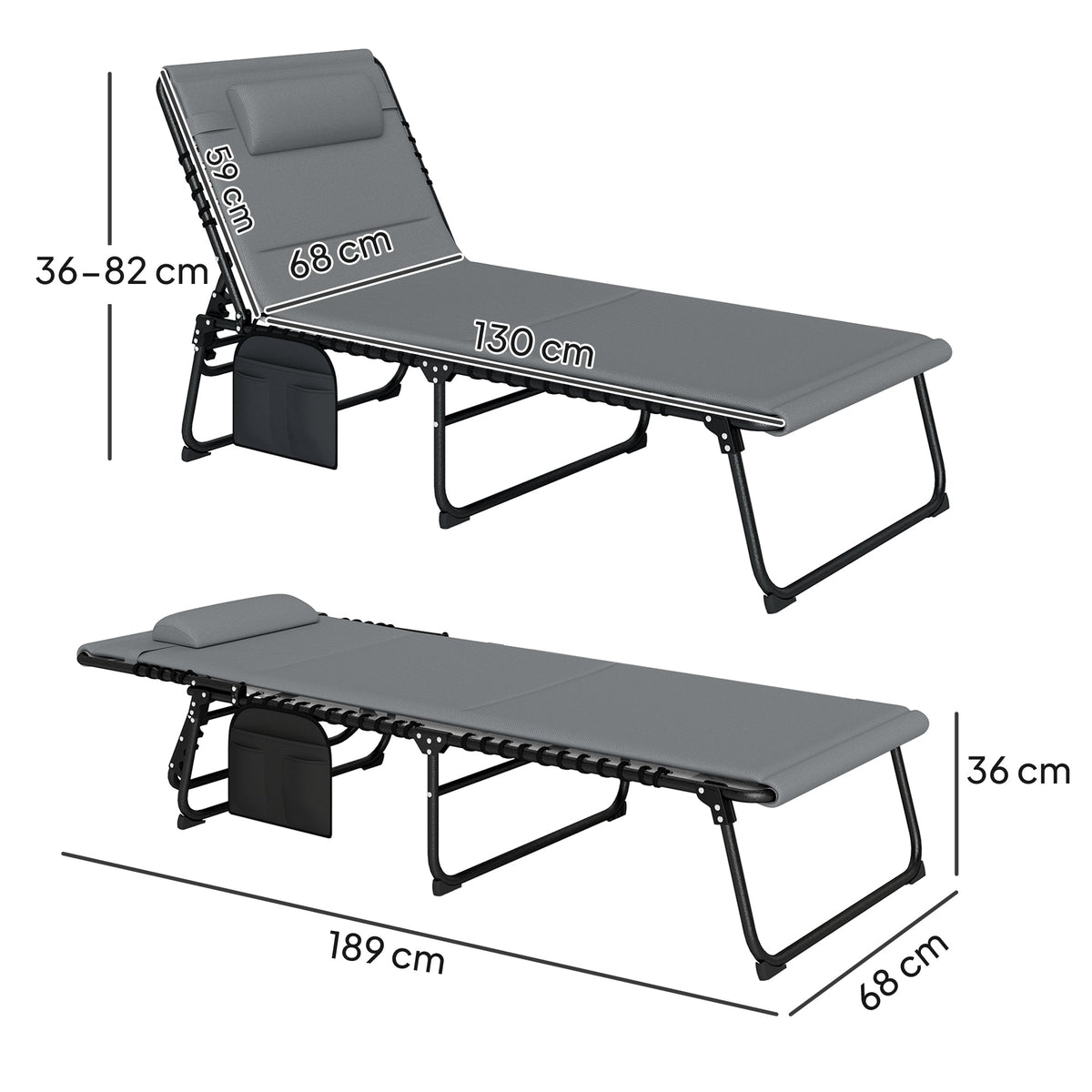 Set of 2 Folding Sun Loungers with Headrest & Side Pocket, Charcoal Grey — product view 5