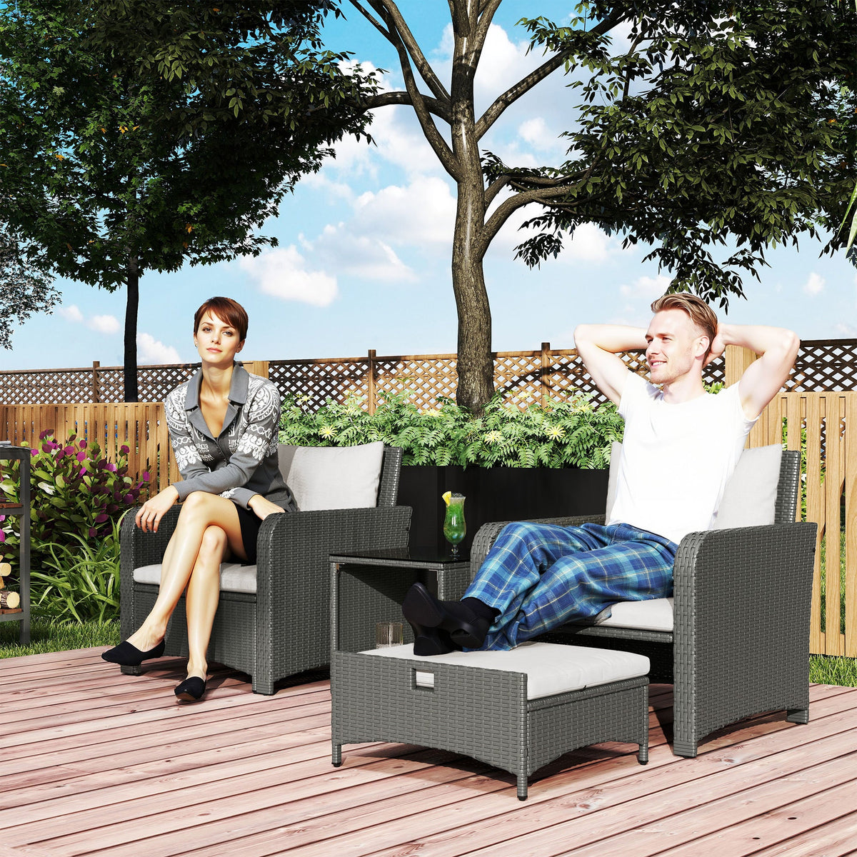 5 Piece Rattan Patio Set with 2 Chairs, 2 Ottomans & 2-Tier Table, Cream White — product view 3
