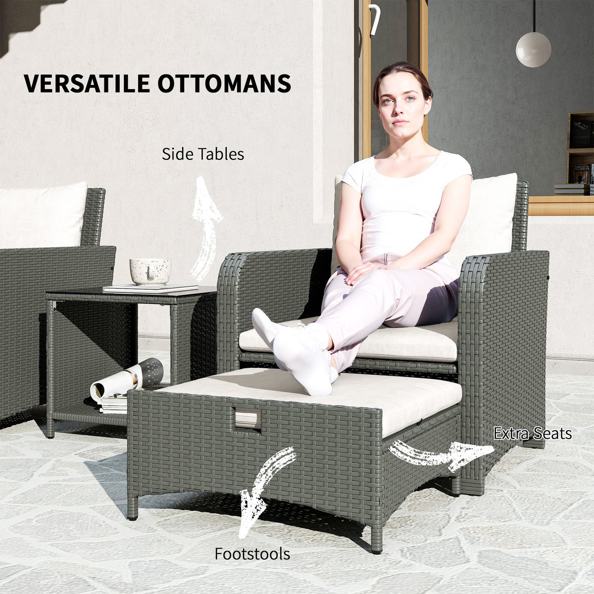 5 Piece Rattan Patio Set with 2 Chairs, 2 Ottomans & 2-Tier Table, Cream White — product view 7