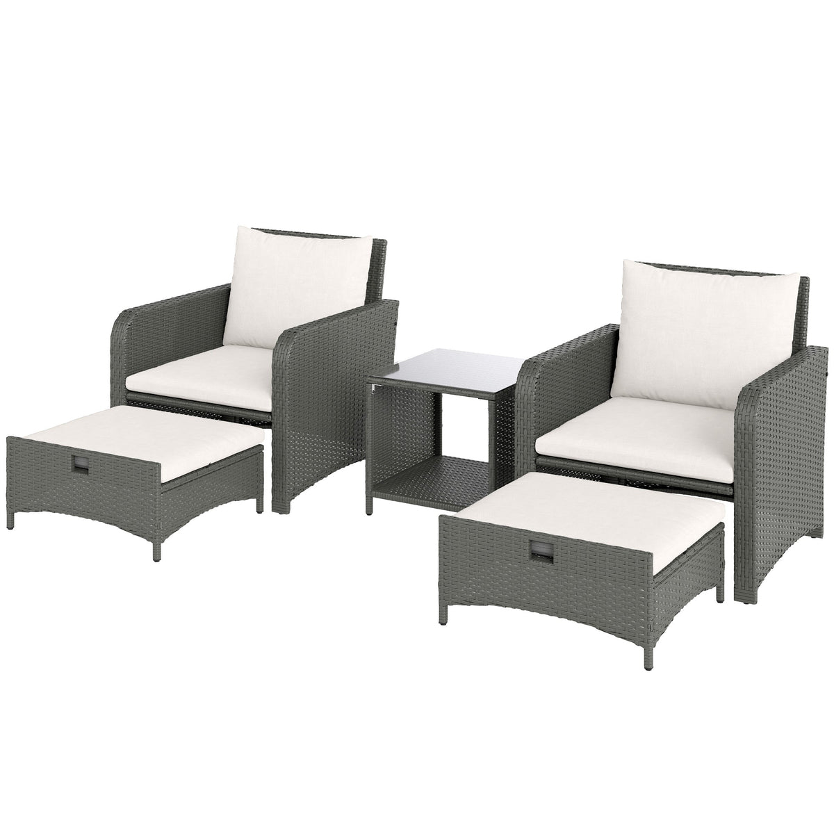 5 Piece Rattan Patio Set with 2 Chairs, 2 Ottomans & 2-Tier Table, Cream White — product view 2