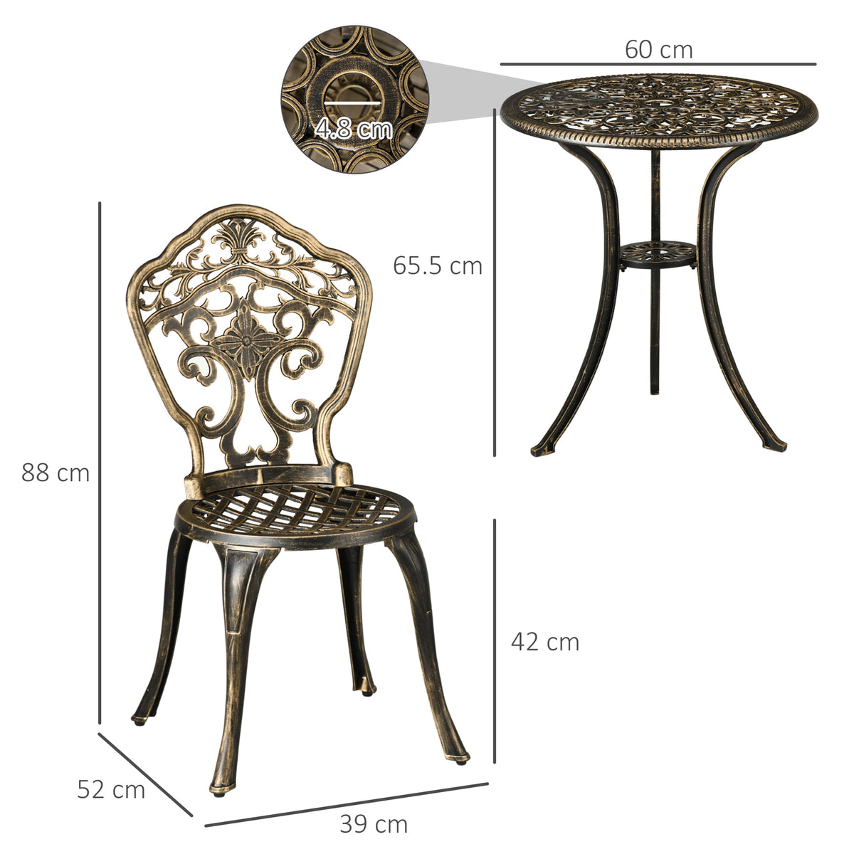 3 Piece Cast Aluminium Bistro Set with Parasol Hole, Bronze — product view 5