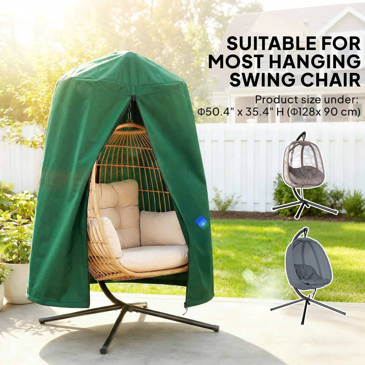 Hanging Egg Chair Cover with Zipper, 420D Oxford for 128 x 190H cm Stand, Green — product view 6