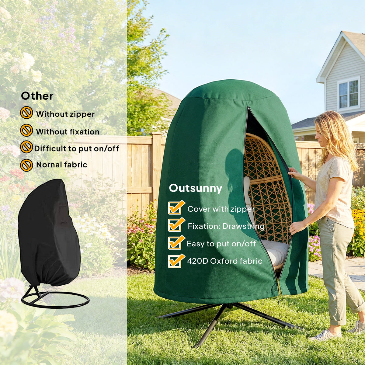 Hanging Egg Chair Cover with Zipper, 420D Oxford for 128 x 190H cm Stand, Green — product view 7