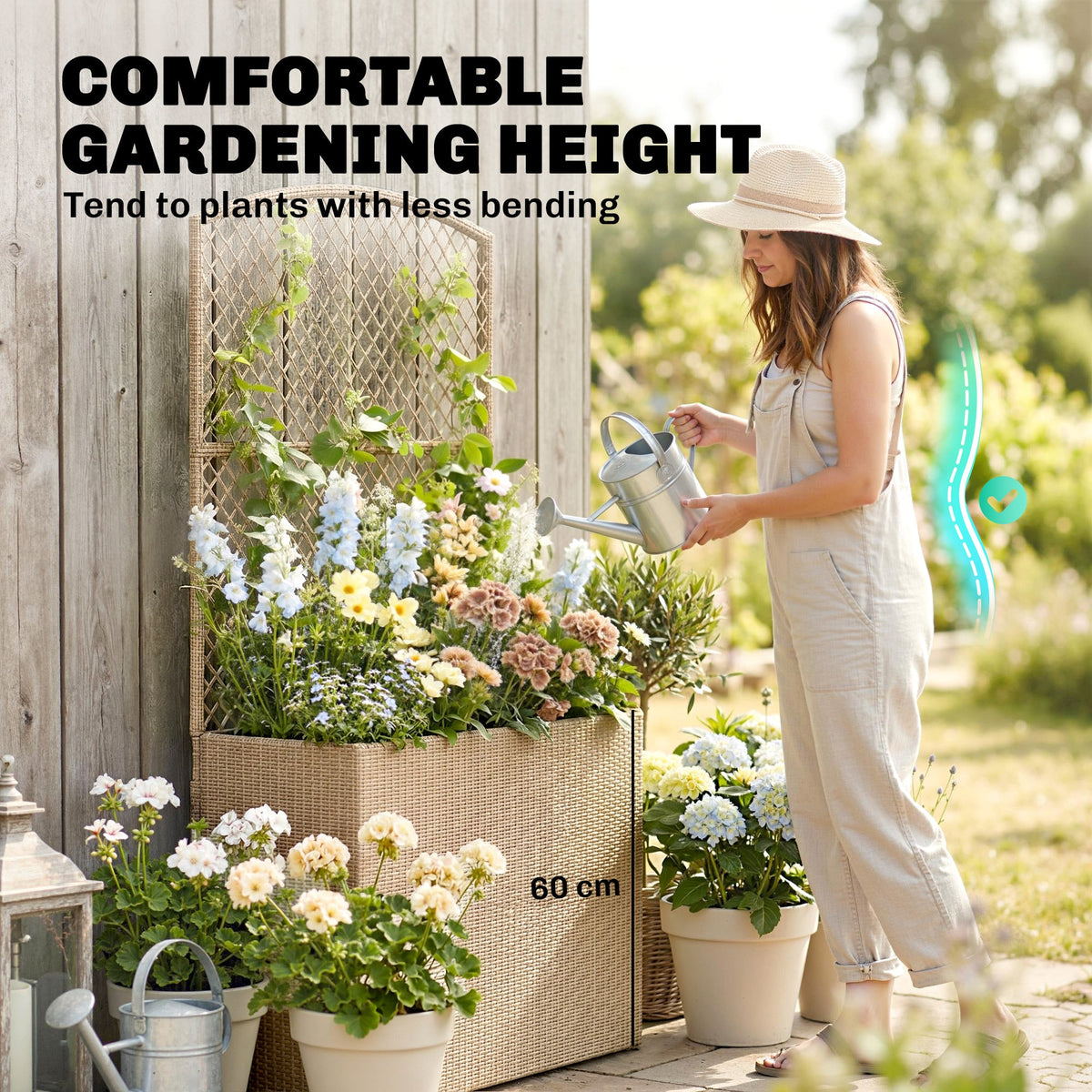 80 x 30 x 163 cm Rattan Raised Planter Box with Trellis and Liner, Light Grey — product view 7