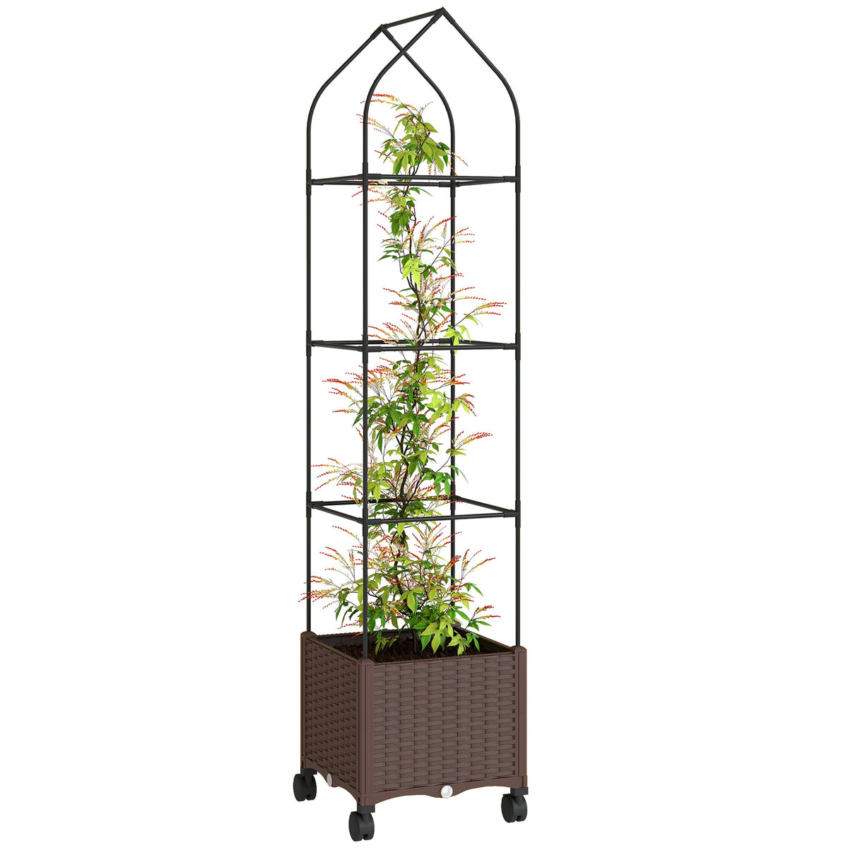 Self Watering Raised Garden Bed with Trellis & Wheels, Brown — product view 1