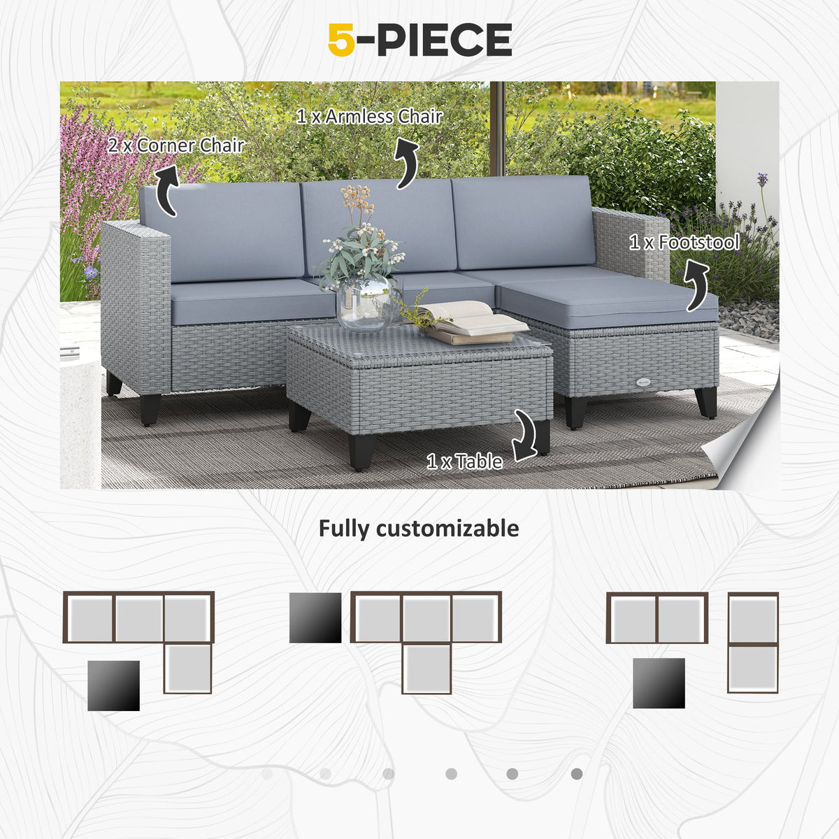 5 Piece PE Rattan Garden Furniture Set with Corner Sofa & Glass Table, Grey — product view 6