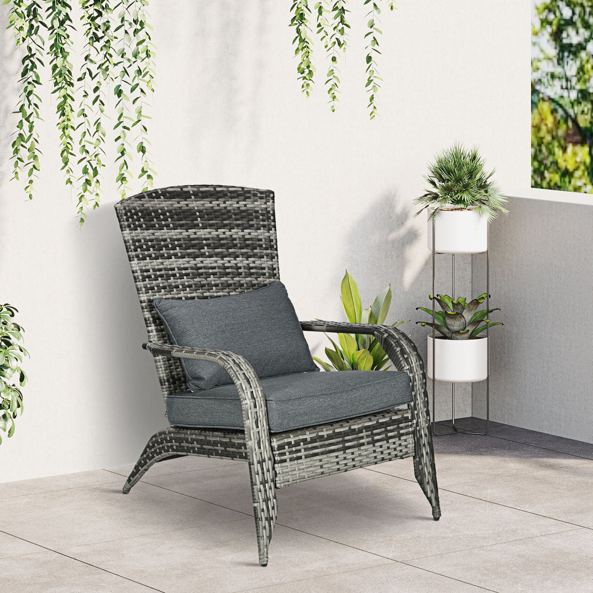 Patio Wicker Adirondack Chair with Soft Cushions and Curved Back, Grey — product view 3