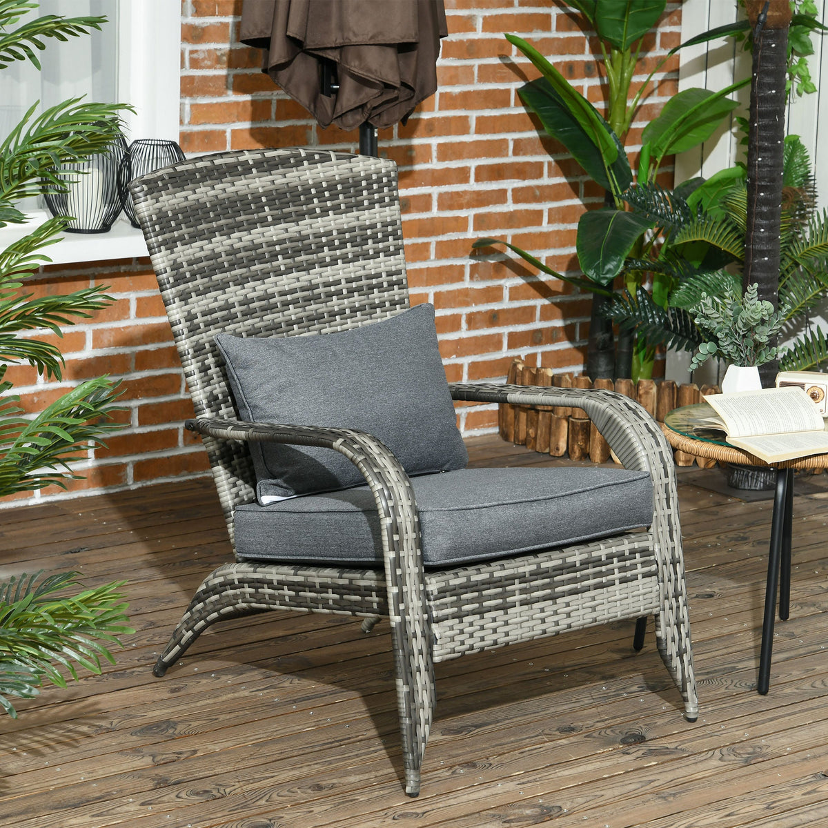 Patio Wicker Adirondack Chair with Soft Cushions and Curved Back, Grey — product view 4