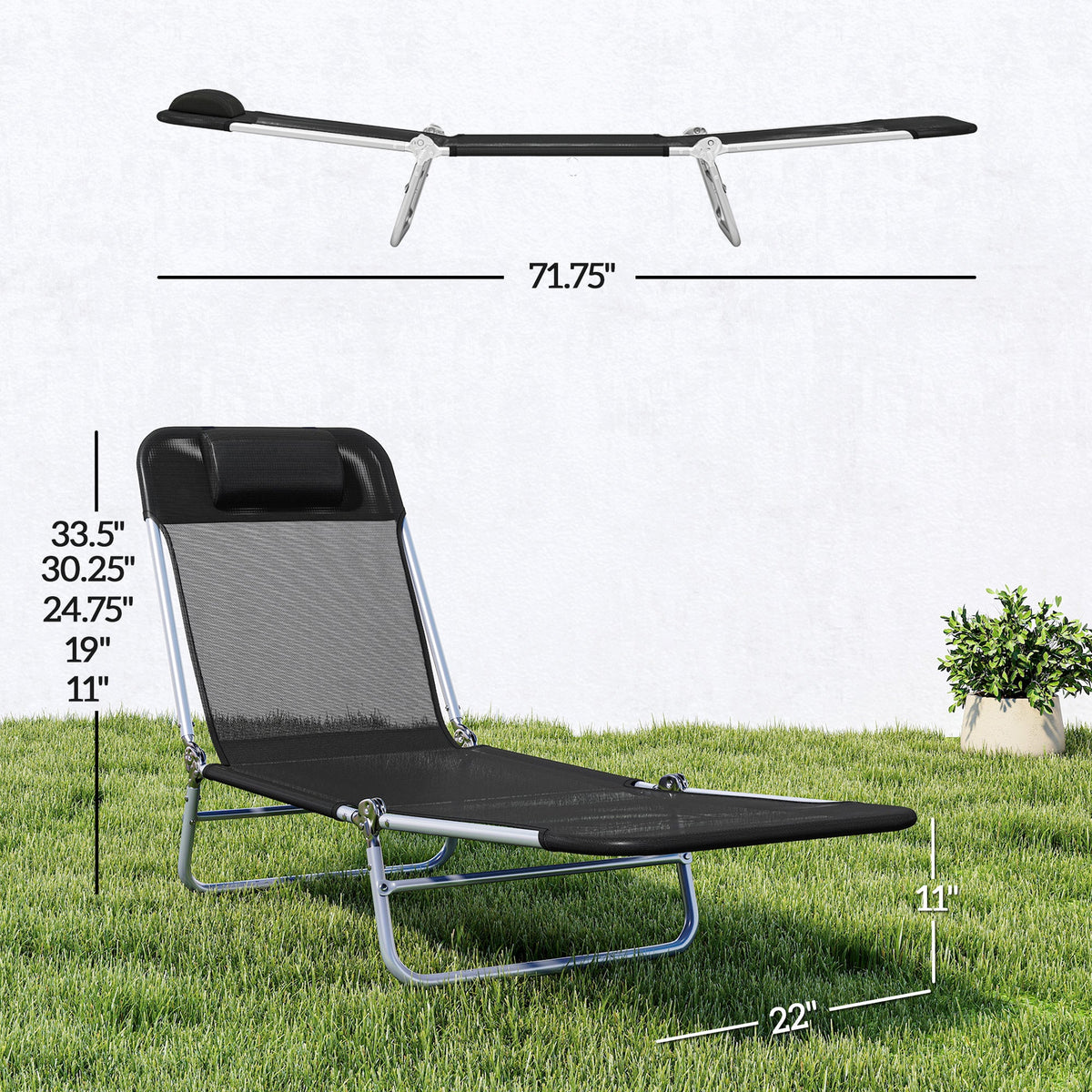 Folding Chaise Lounge Chair with Reclining Back, Breathable Mesh Seat, Headrest for Beach, Yard, Patio, Black — product view 5