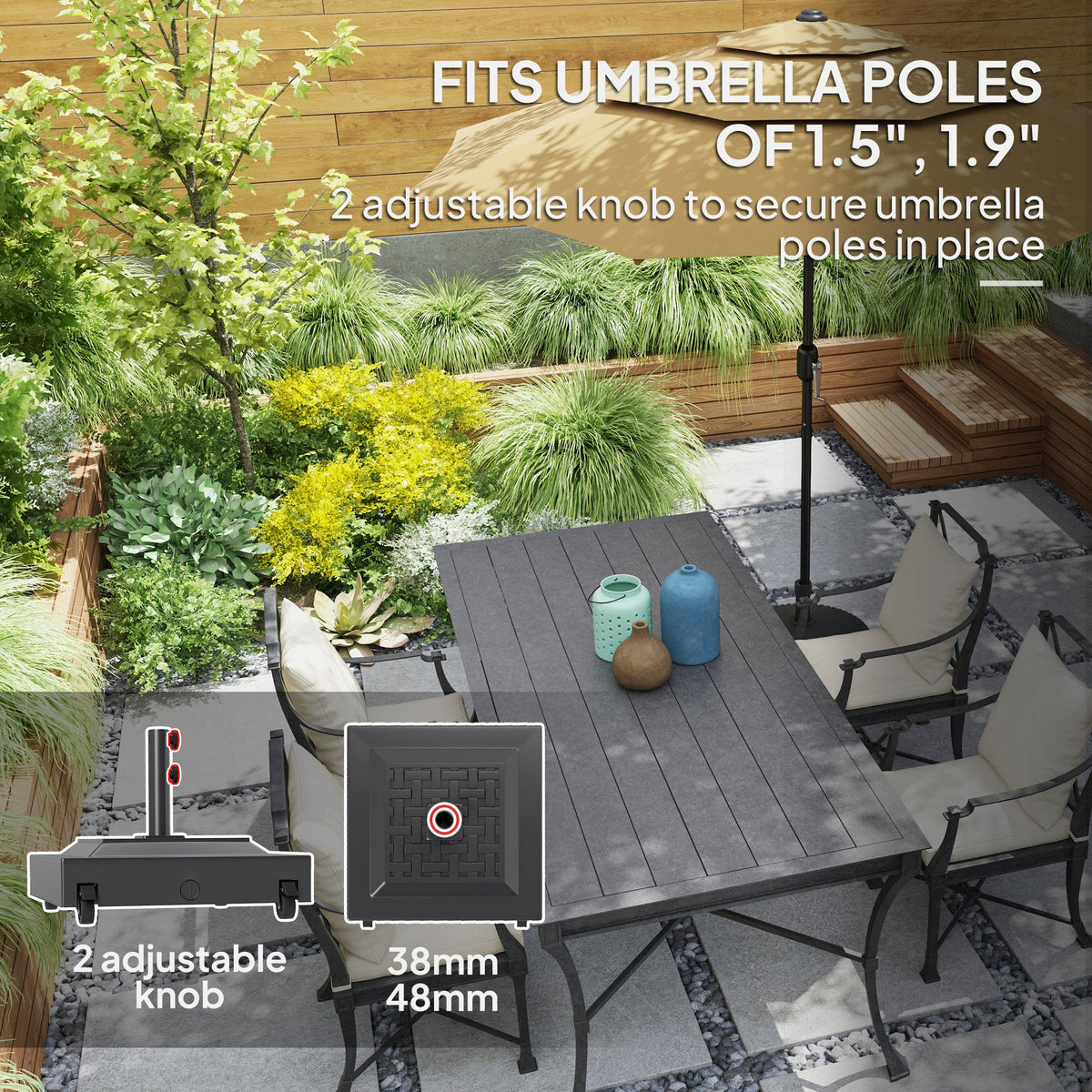 Outdoor Umbrella Base with Wheels, Up to 143lbs Sand or 112lbs Water, Black — product view 6