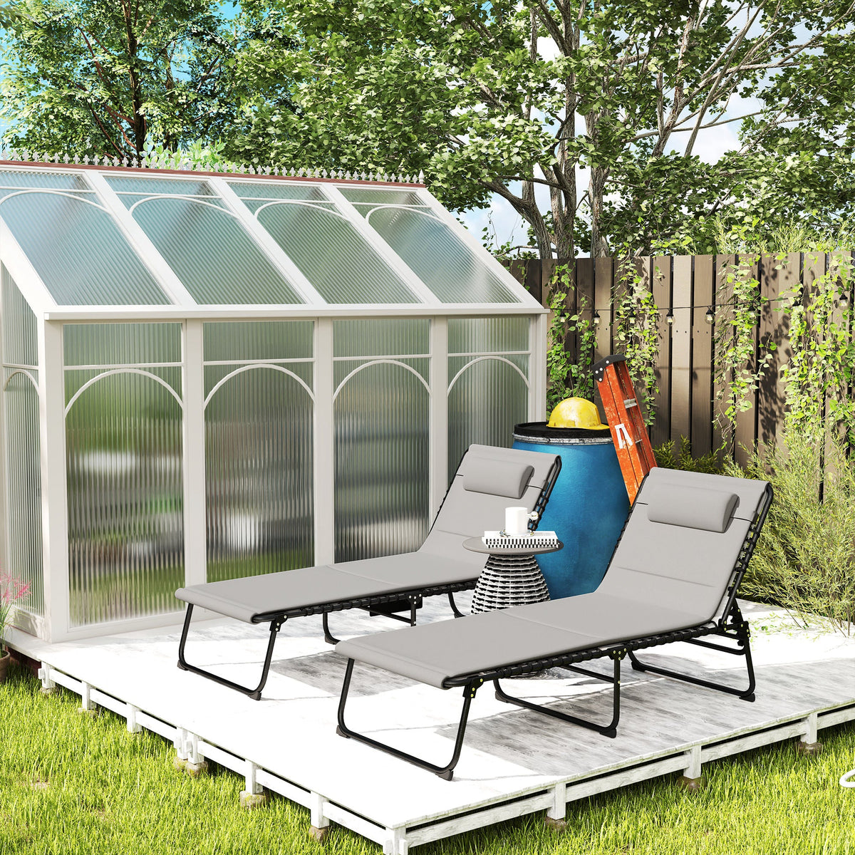 Set of 2 Folding Sun Loungers with Headrest & Side Pocket, Light Grey — product view 4