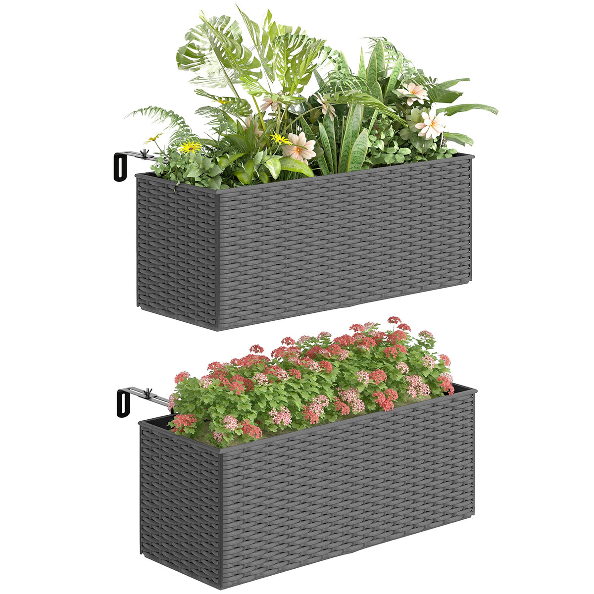 2 Pack 20" Railing Planter Boxes with Hooks and Drainage, Grey — product view 1