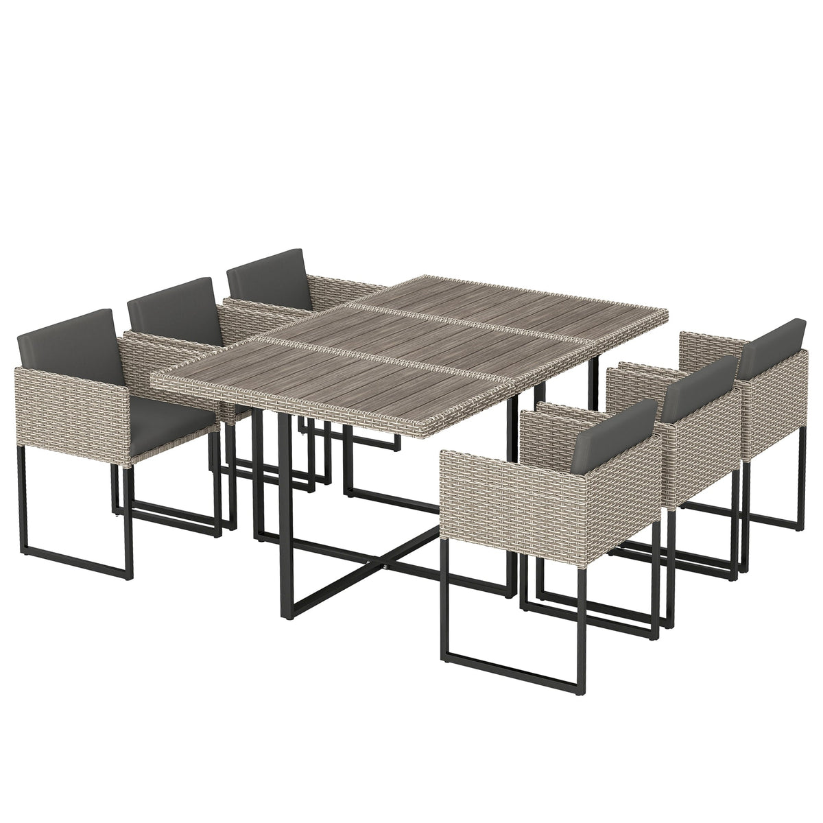 7-Piece Light Grey Rattan Dining Set with WPC Table, 6 Chairs & 12 Cushions — product view 2