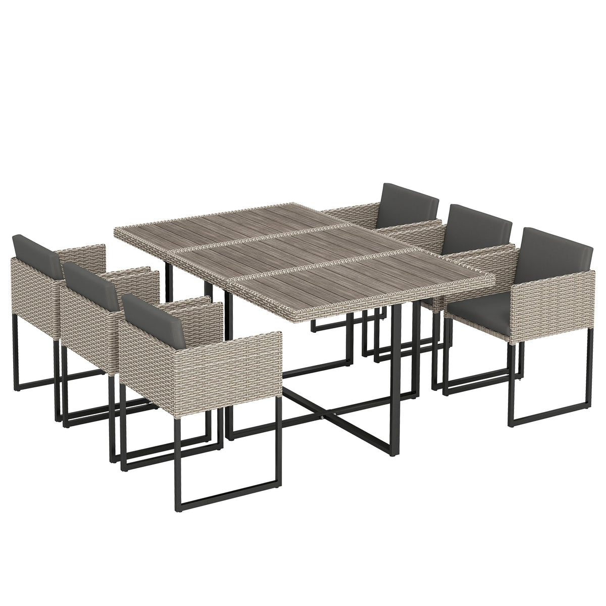7-Piece Light Grey Rattan Dining Set with WPC Table, 6 Chairs & 12 Cushions — product view 1