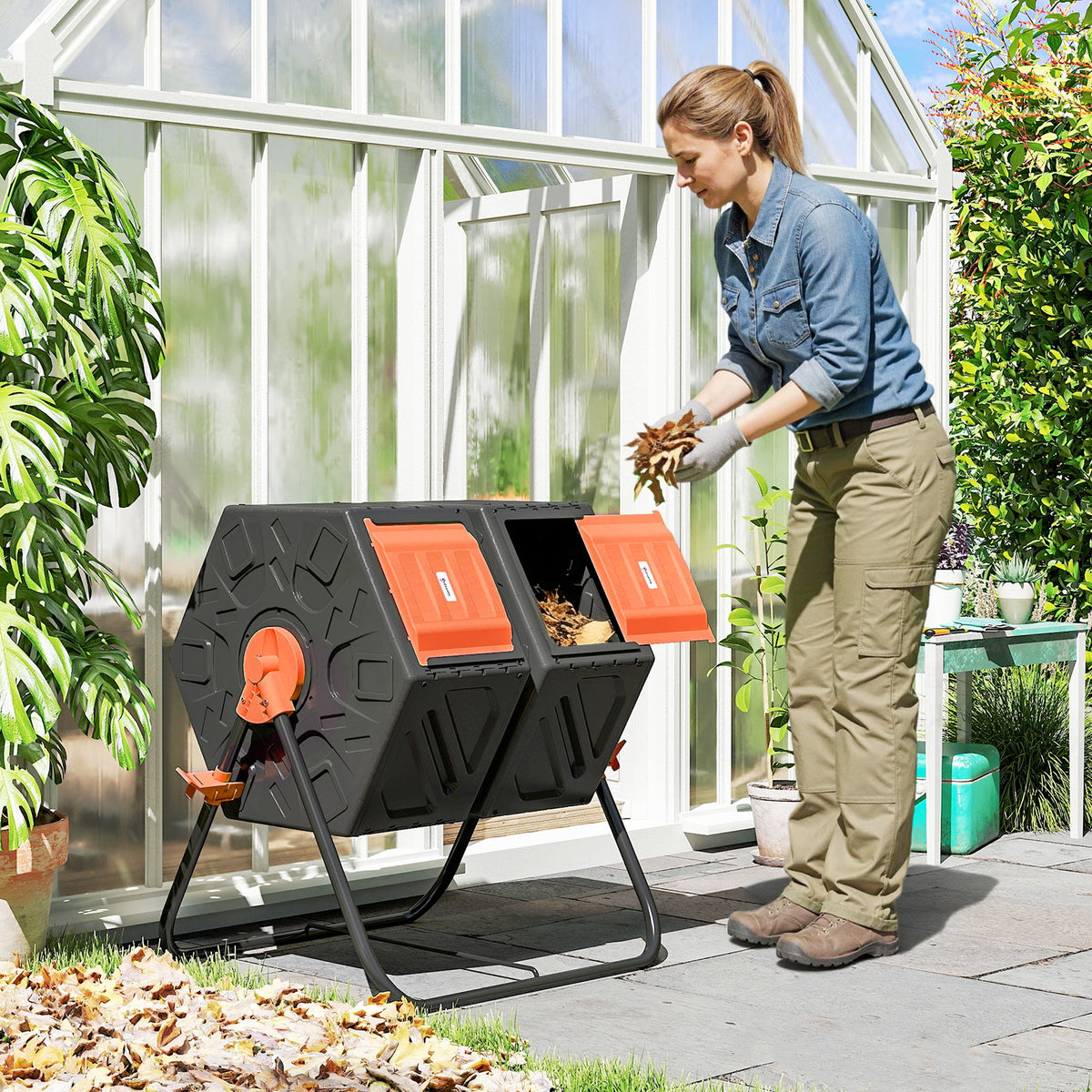 34.5 Gallon Dual Chamber Compost Tumbler with Steel Legs, Orange — product view 4
