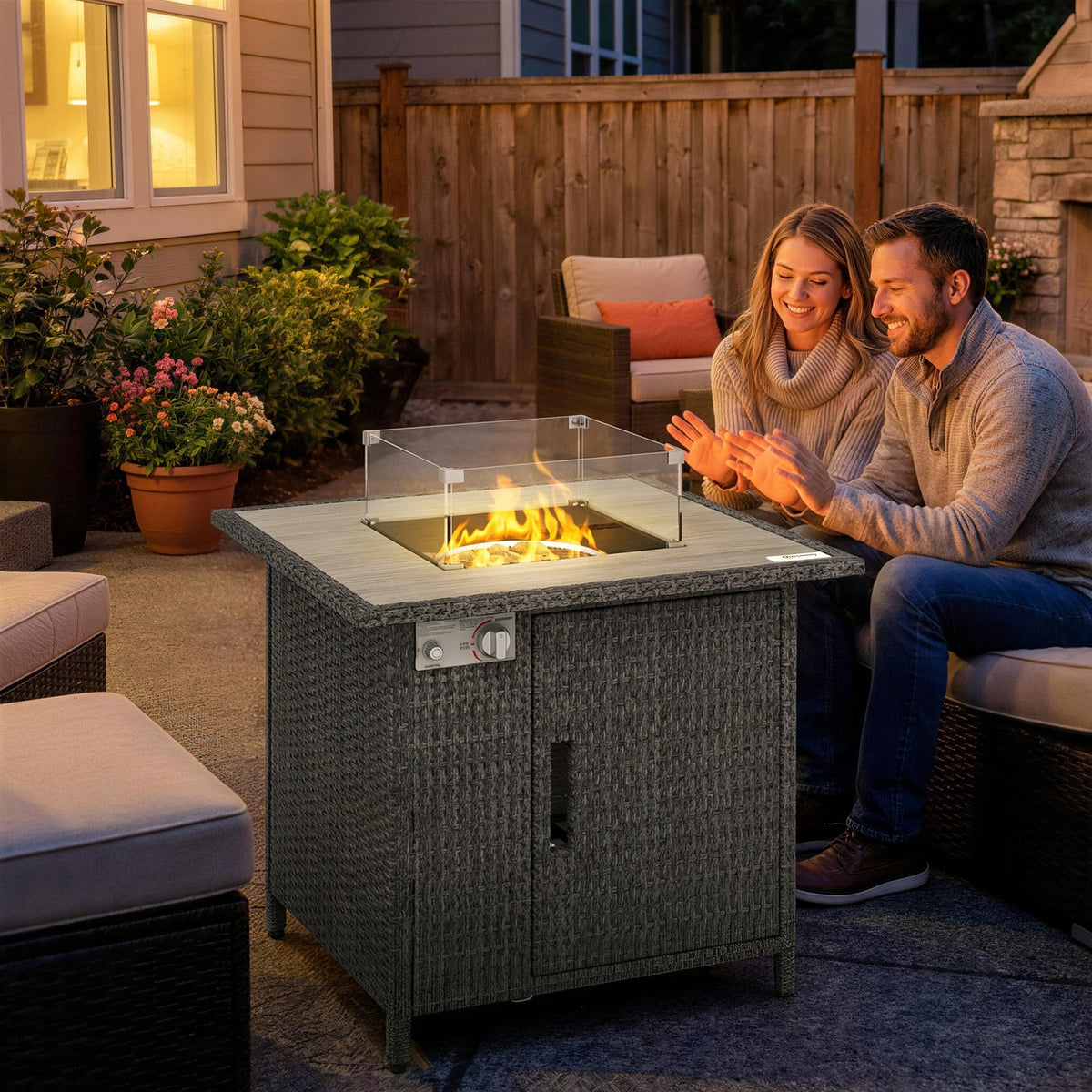 14.5 KW Rattan Gas Fire Pit Table with Cover, Wind Guard & Lid, Dark Grey — product view 4
