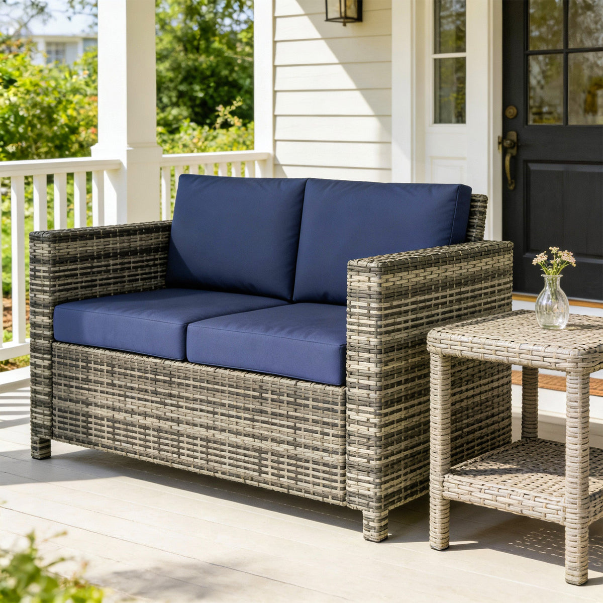2-Seat Patio Loveseat Wicker Sofa with Cushions, Dark Blue — product view 3