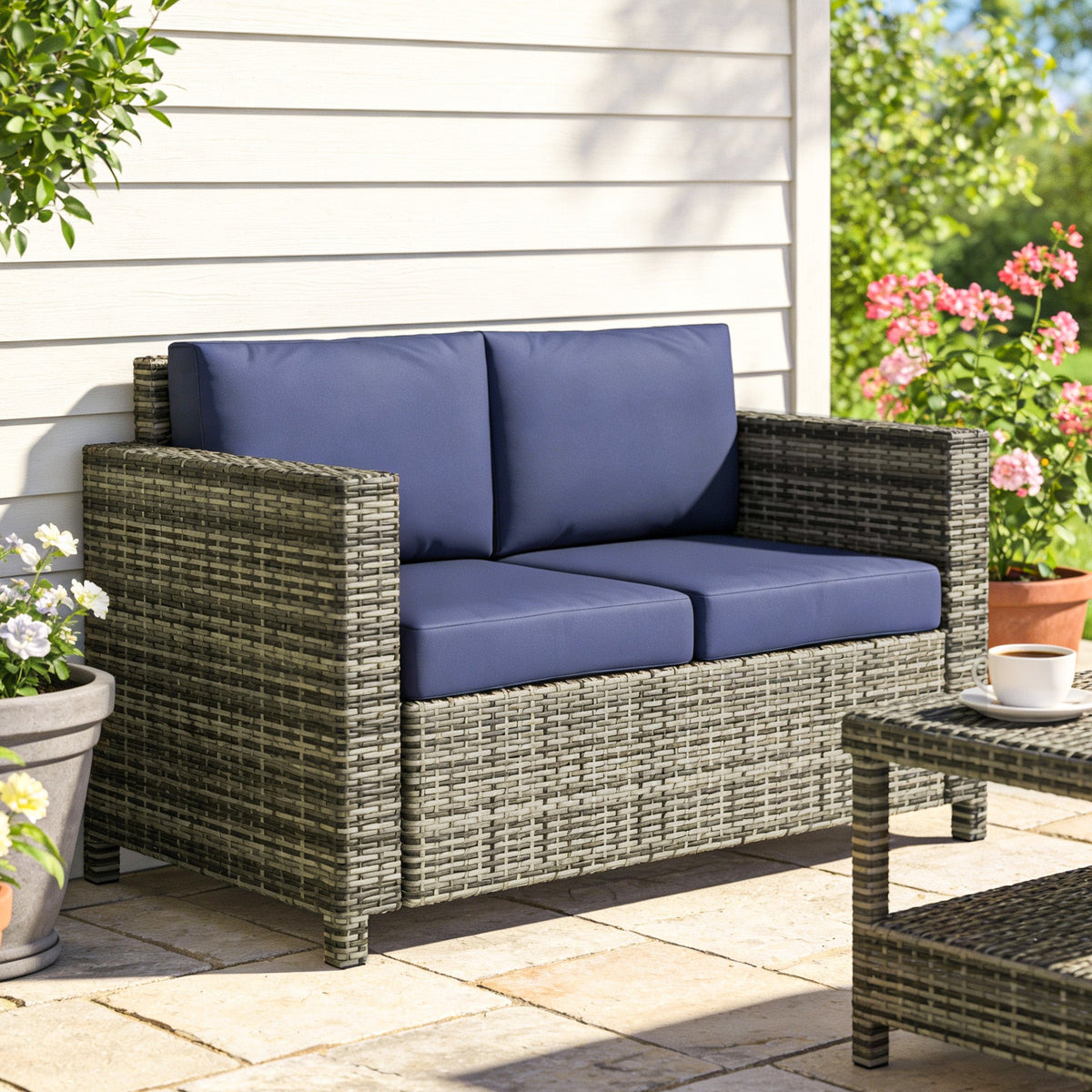 2-Seat Patio Loveseat Wicker Sofa with Cushions, Dark Blue — product view 4