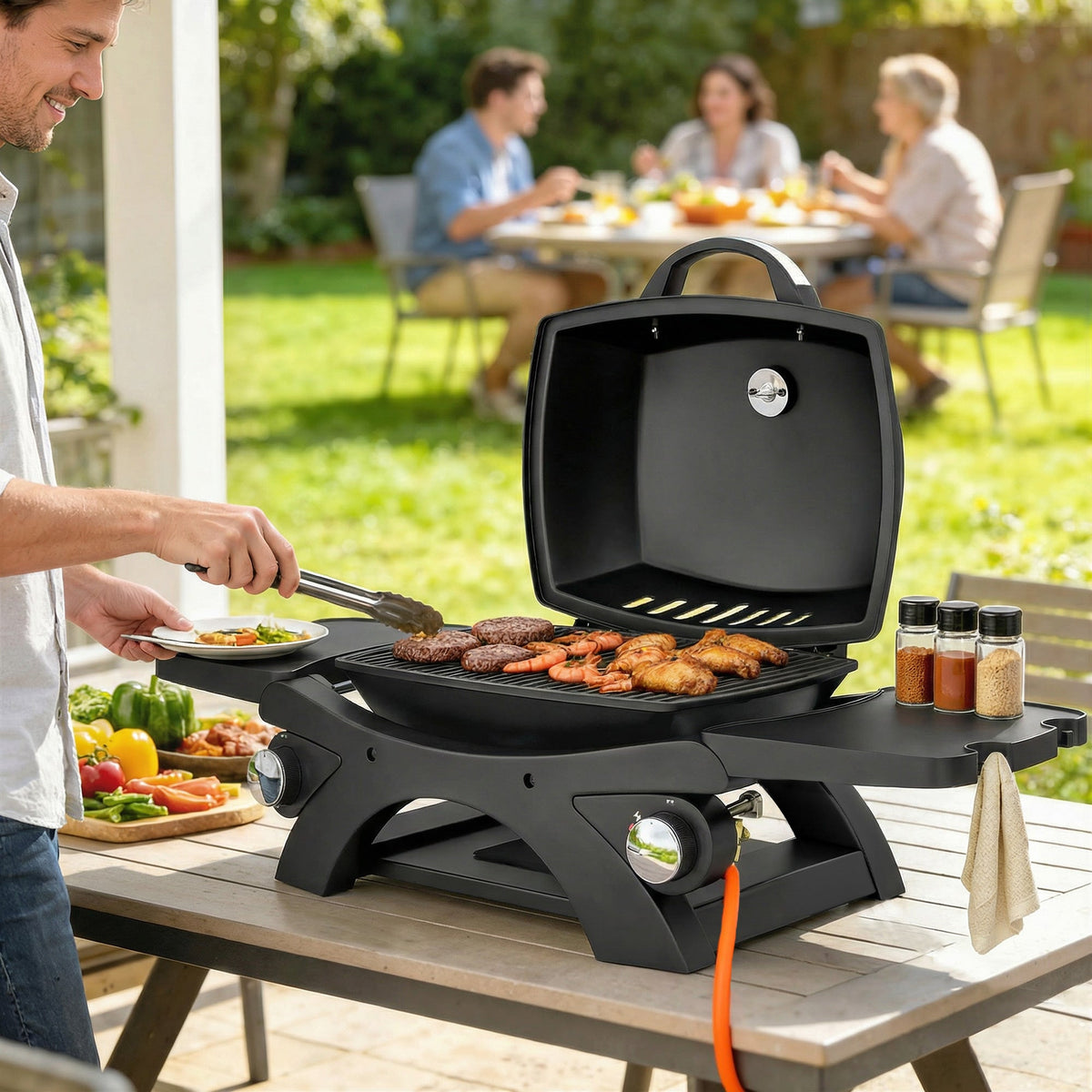 2 Burner Gas Grill with 2 Side Tables and Cast Iron Grates, Black — product view 3