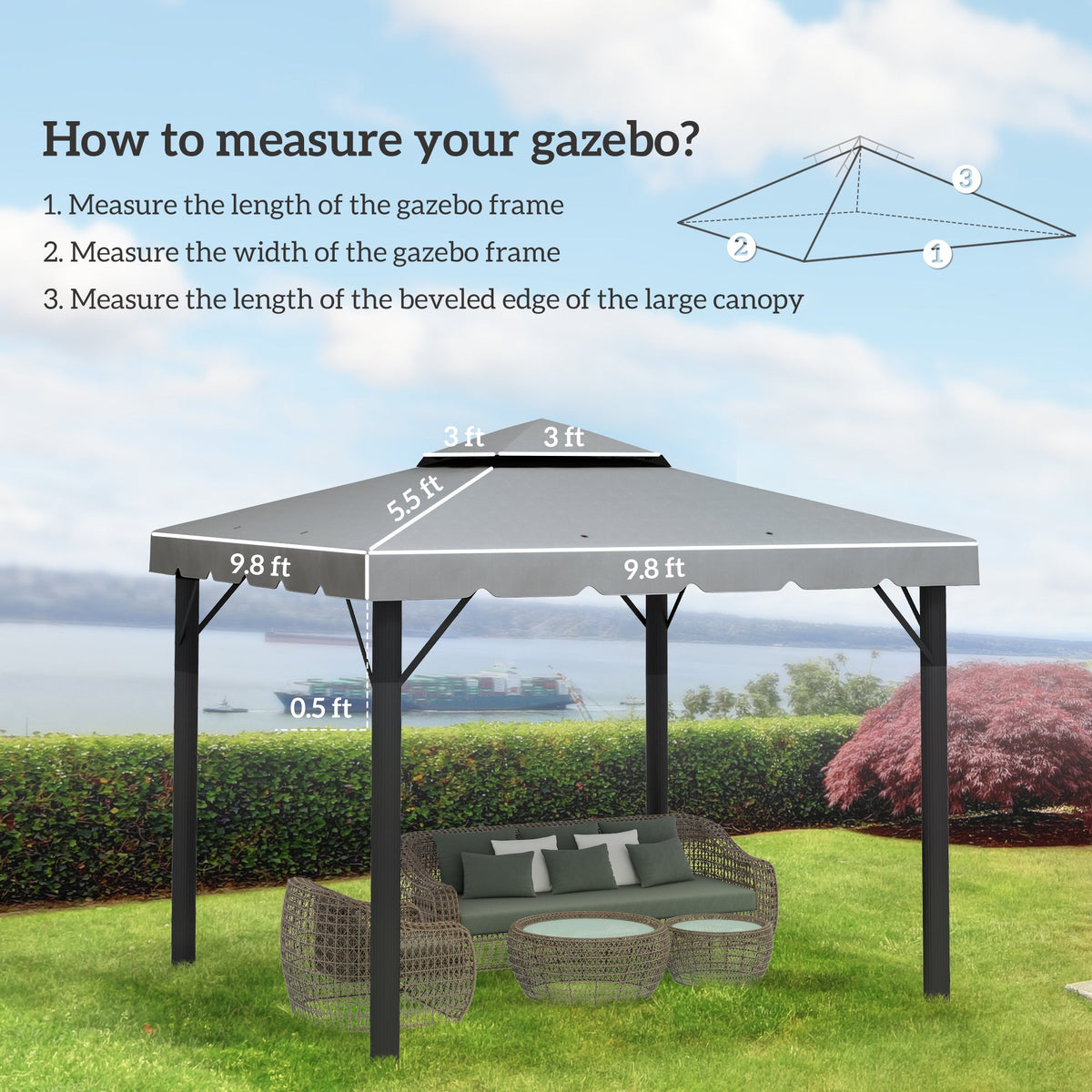 10' x 10' Gazebo Replacement Top with Double Vented Roof for Outdoor Patio Use, Light Gray — product view 5