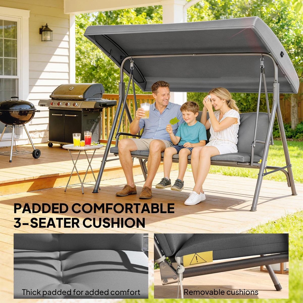3 Seater Garden Swing Chair with Tilting Canopy and Cushion, Dark Grey — product view 7