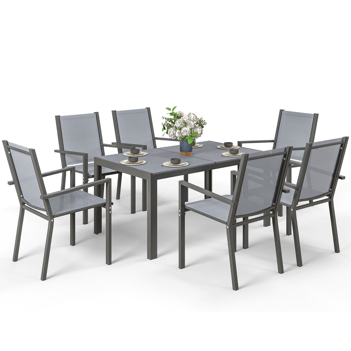 7pc Patio Dining Set with WPC Table and 6 Stackable Chairs, Light Grey — product view 2