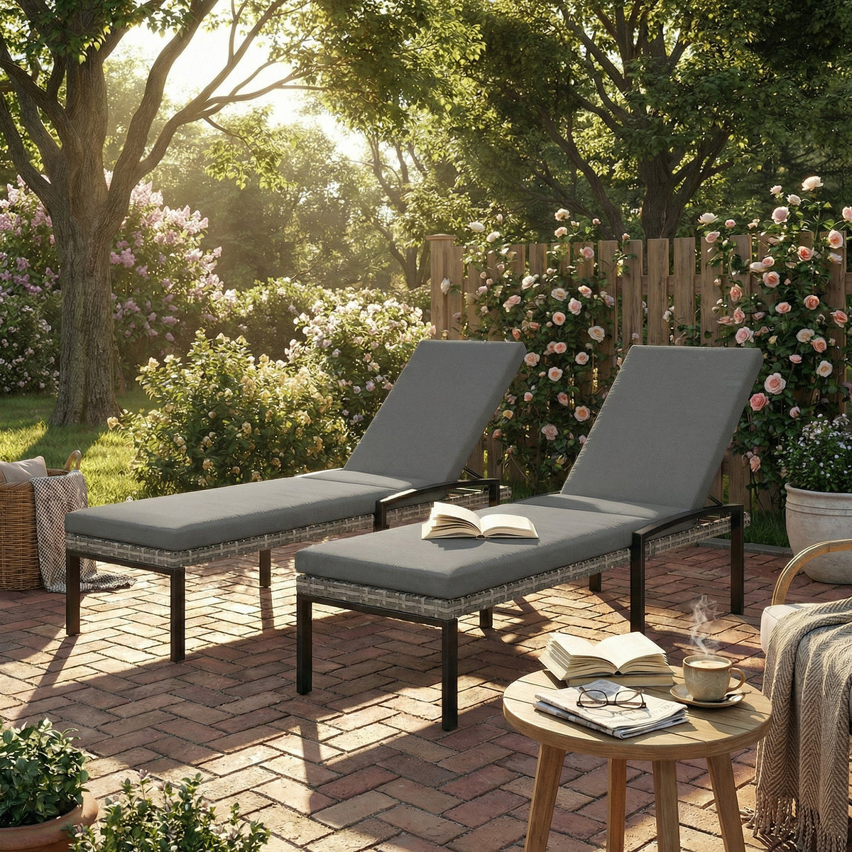 Pair of Wicker Chaise Loungers with 5-Level Backrest & Cushion, Light Grey — product view 3