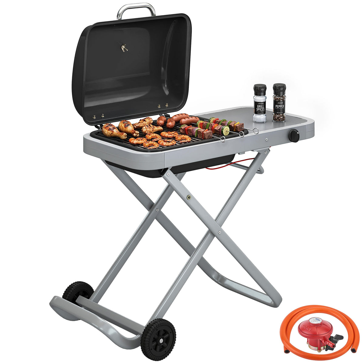Foldable Gas BBQ Grill with Side Table & Trolley, Grease Box, 2.5 kW, Black — product view 1