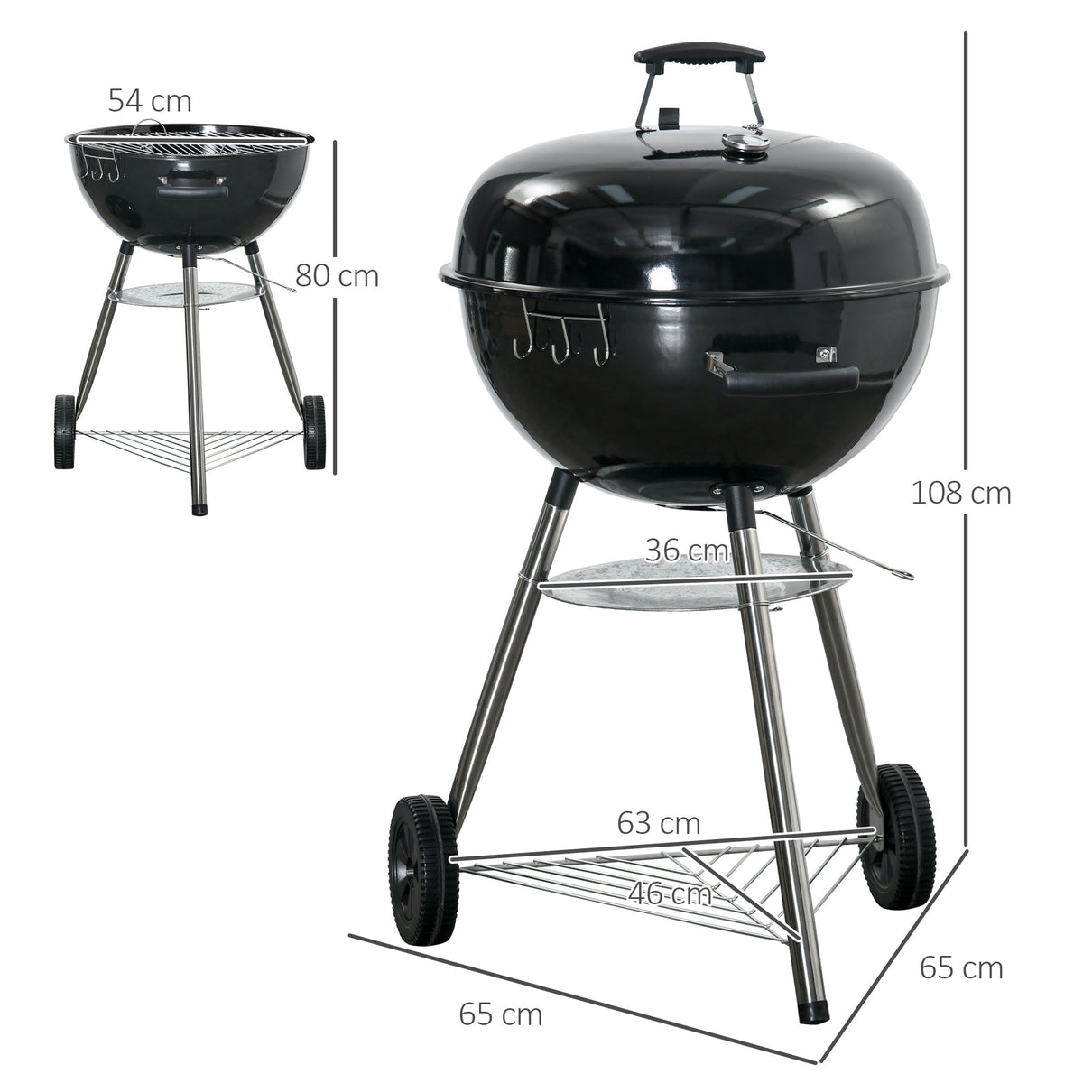 Portable Kettle Charcoal BBQ Smoker with Lid, Shelf & Wheels — product view 5