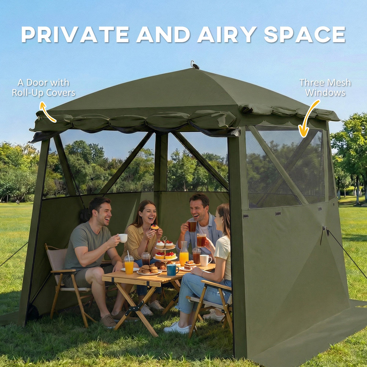2 x 2 m Pop Up Gazebo with Awning, Sides, Mesh Windows & Carry Bag, Army Green — product view 6