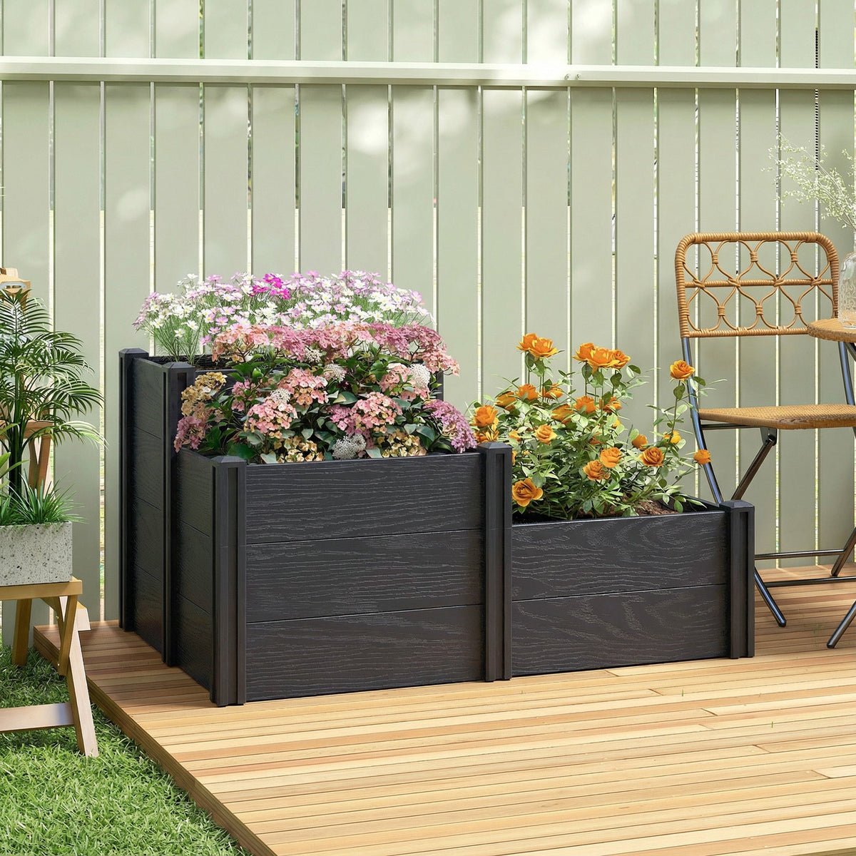 3-Tier Vinyl Raised Garden Bed with Open Bottom, Grey Wood Effect — product view 3