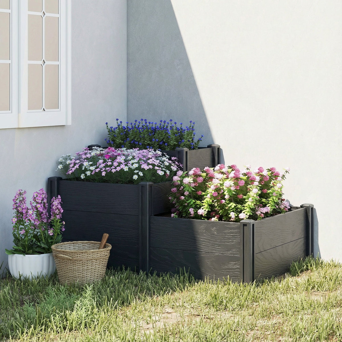 3-Tier Vinyl Raised Garden Bed with Open Bottom, Grey Wood Effect — product view 4