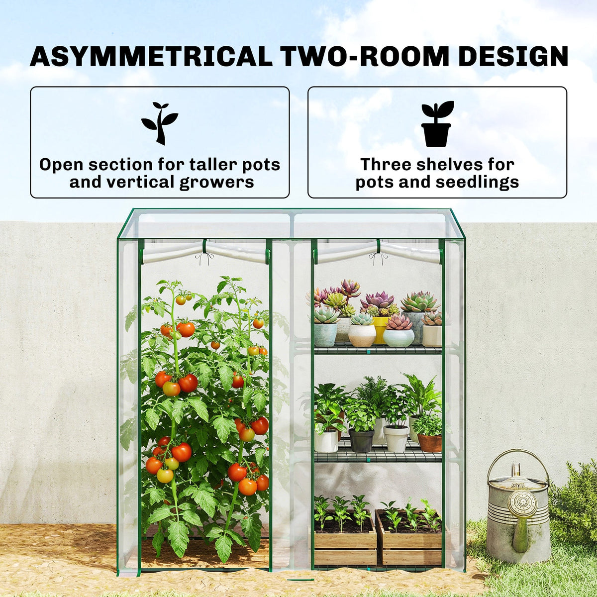 Mini Greenhouse with 3 Shelves and 2 Roll-up Doors, 56.3" x 17.7" x 59.4" — product view 6