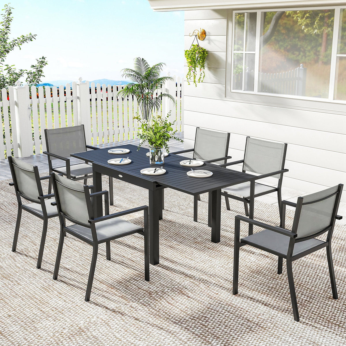 7 Piece Outdoor Dining Set with Extendable Table and Stackable Chairs — product view 4