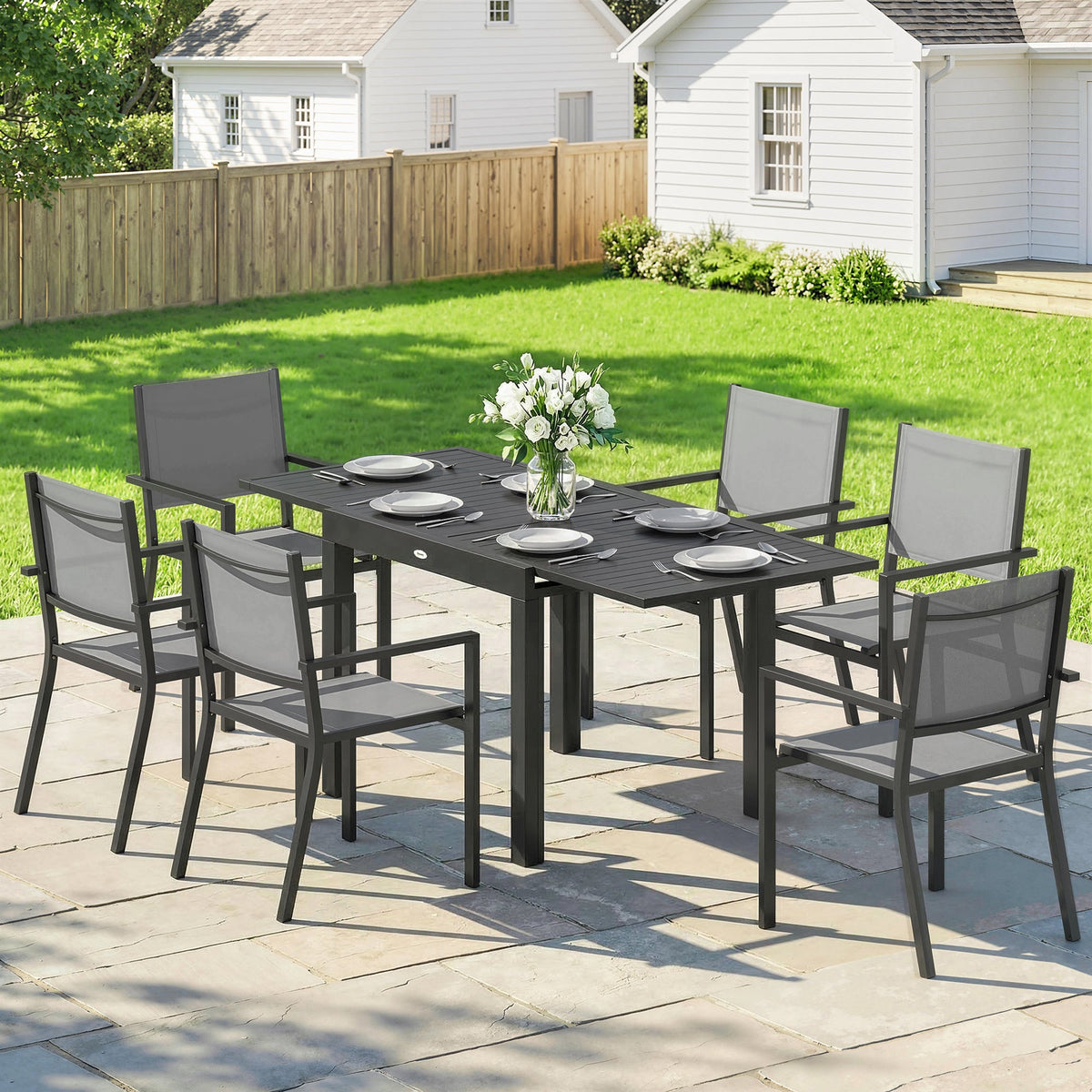 7 Piece Outdoor Dining Set with Extendable Table and Stackable Chairs — product view 3