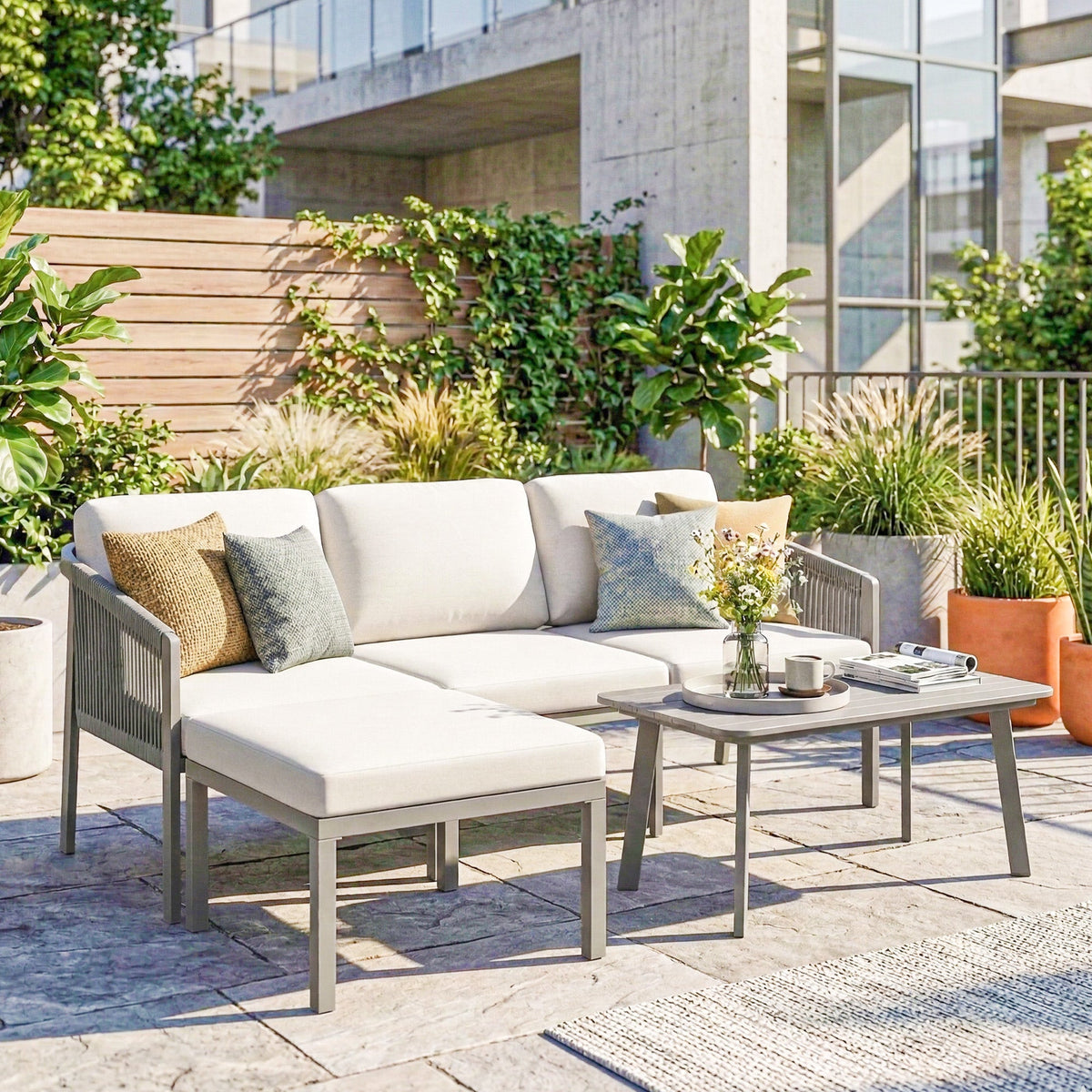 3 Piece Garden Furniture Set with Sofa, Footstool and Coffee Table, Grey — product view 3
