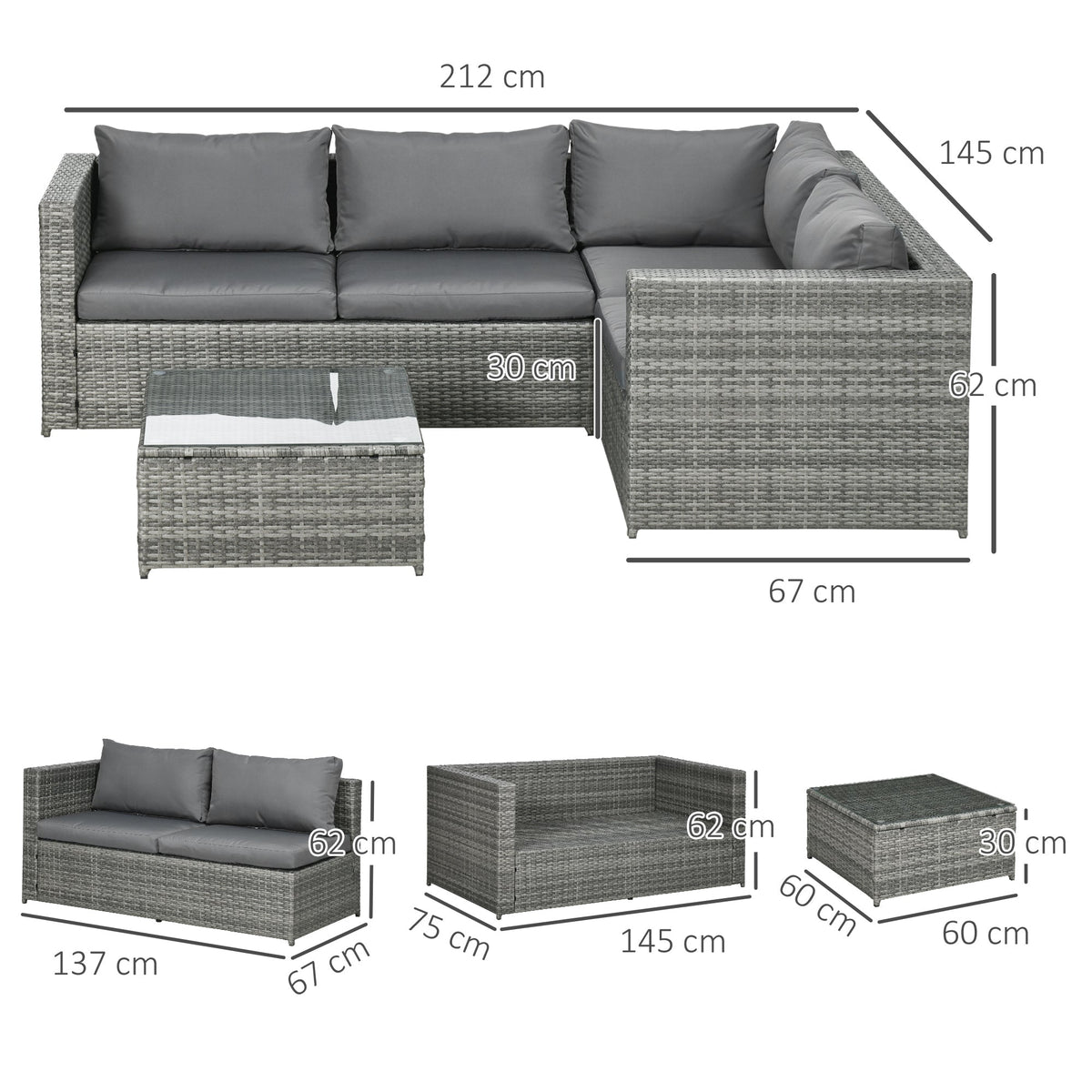 3 Piece PE Rattan Garden Furniture Set with Thick Cushions & Glass Table, Grey — product view 5