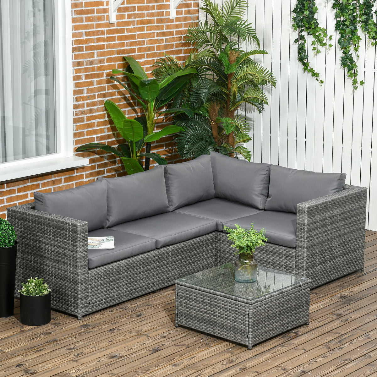 3 Piece PE Rattan Garden Furniture Set with Thick Cushions & Glass Table, Grey — product view 3