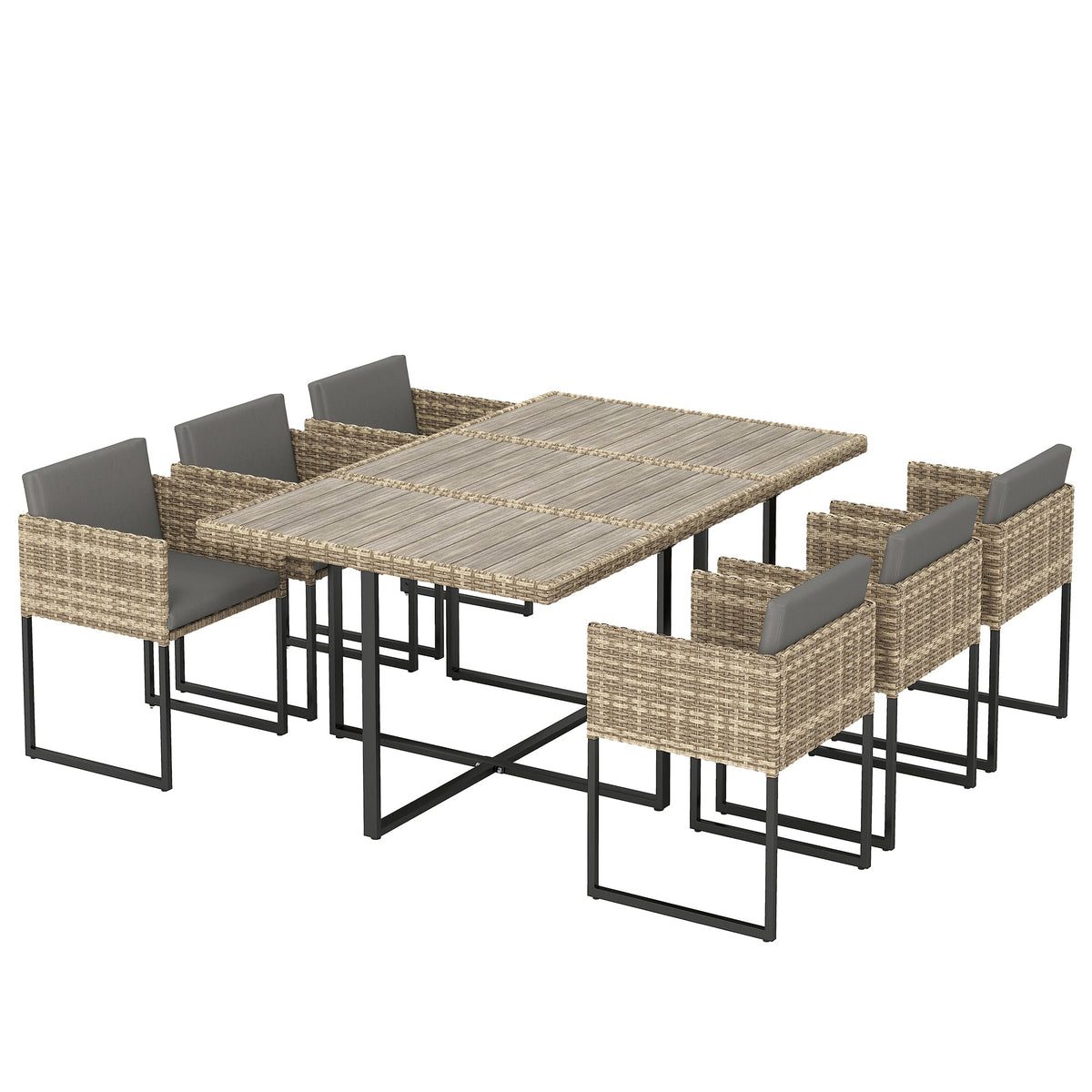7-Piece Light Brown Rattan Dining Set with WPC Table, 6 Chairs & 12 Cushions — product view 2