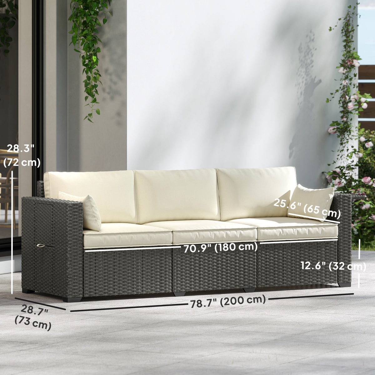 3-Seater Wicker Outdoor Sofa with Side Trays & Thick Cushions, Cream White — product view 5