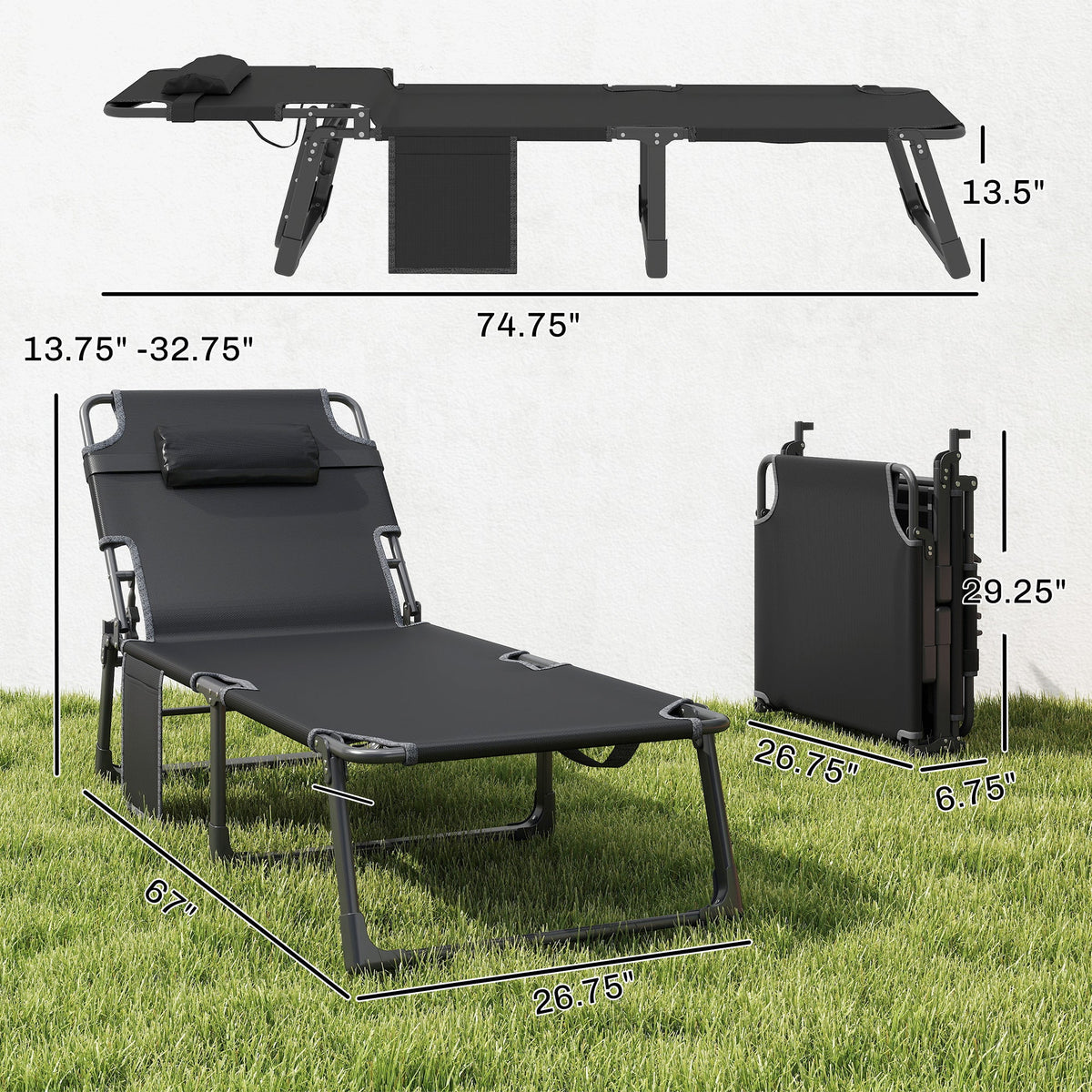 2 Piece Reclining Outdoor Chaise Lounge Chairs with Cushions, Dark Gray/Blue — product view 5