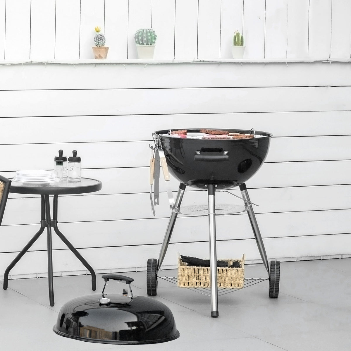Portable Kettle Charcoal BBQ Smoker with Lid, Shelf & Wheels — product view 3