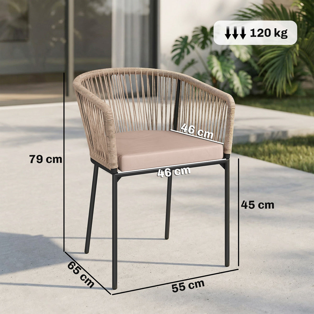 Set of 2 Rattan Dining Chairs with Cushions, Metal Frame, String Back & Armrests — product view 5