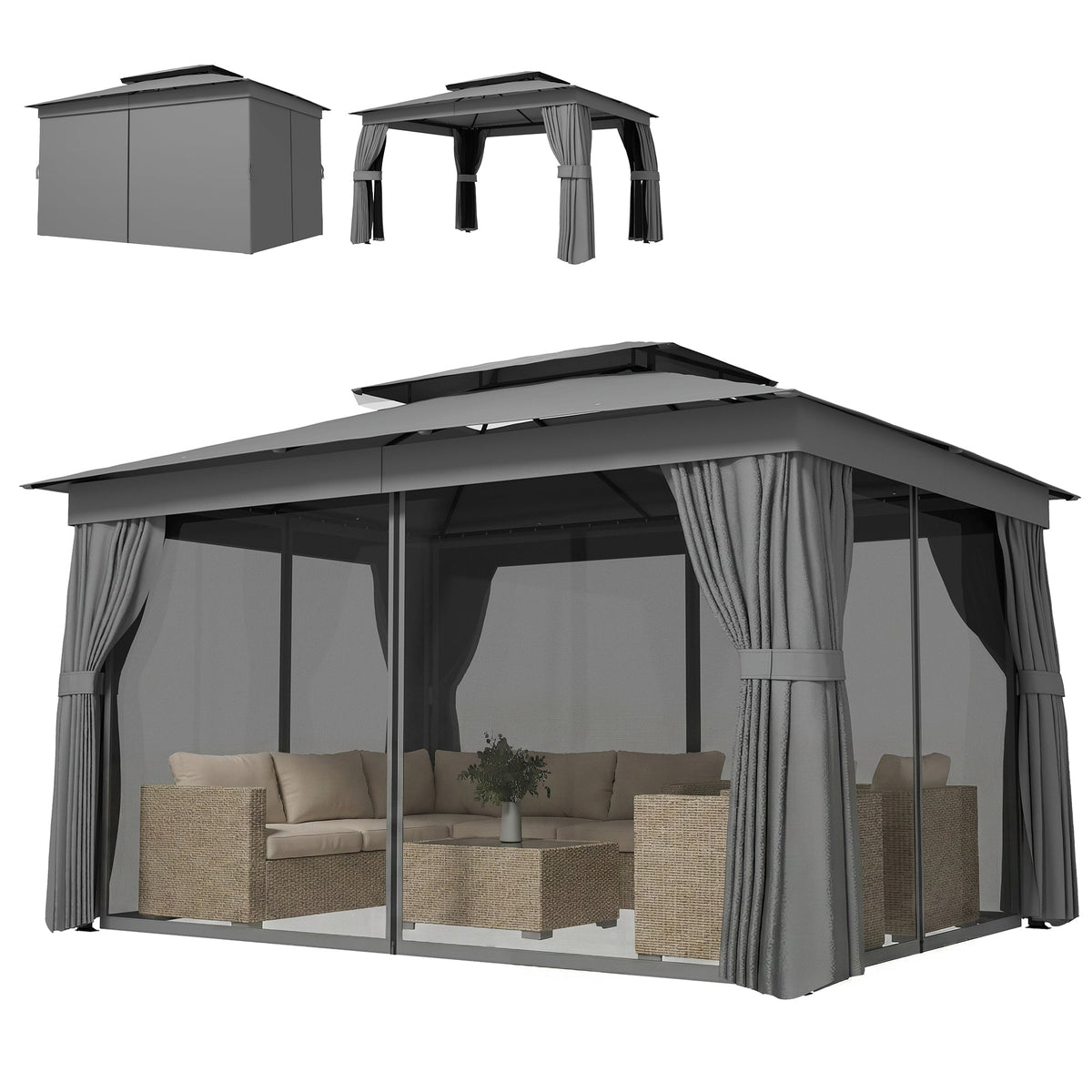 10' x 12.5' Outdoor Gazebo with Double Roof, Curtains and Netting, Dark Grey — product view 2