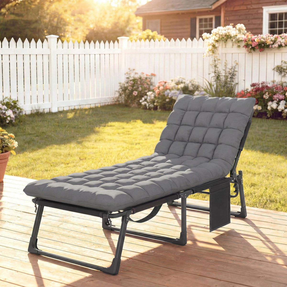 Folding Lounge Chair, 75 cm Wide with Cushion and Side Pocket, Dark Grey — product view 4