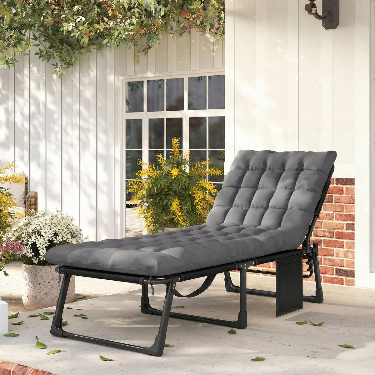 Folding Lounge Chair, 75 cm Wide with Cushion and Side Pocket, Dark Grey — product view 3