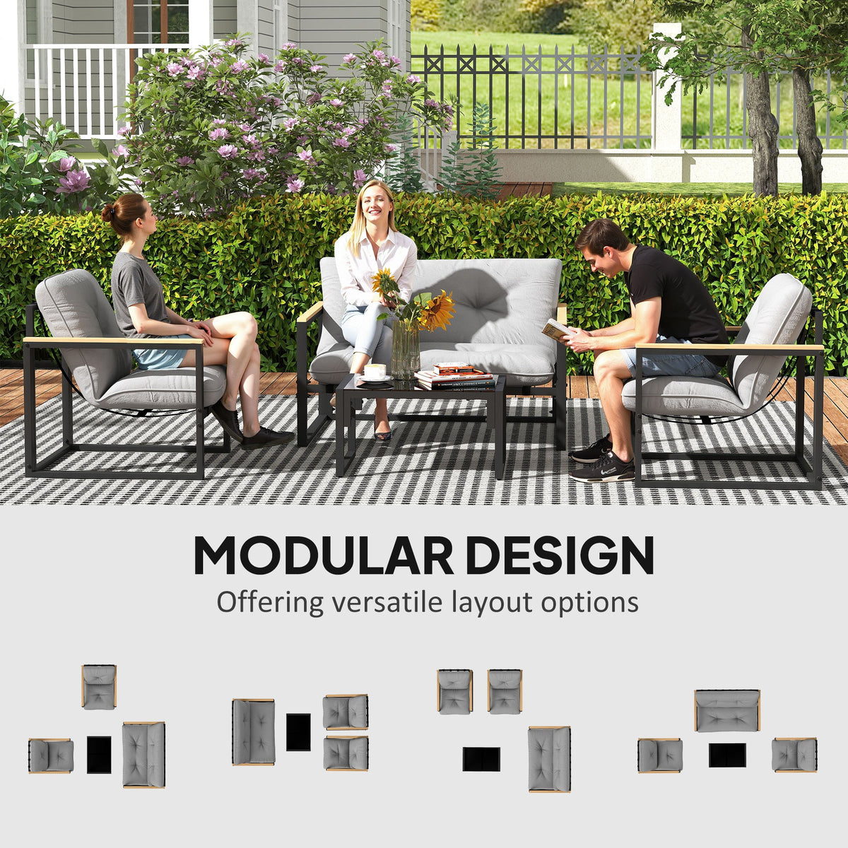 4 Piece Patio Furniture Set with Loveseat, Coffee Table and Thick Cushions, Light Grey — product view 6