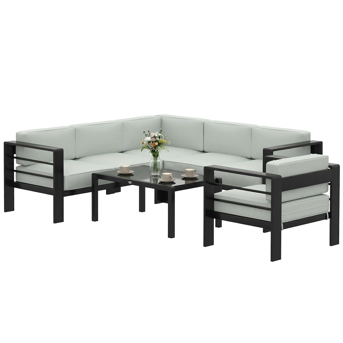 5 Piece Aluminium Garden Corner Sofa Set with Glass Top Table, Light Grey — product view 2