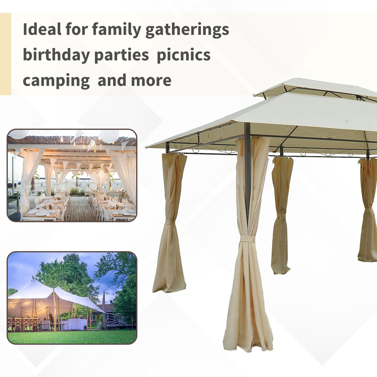 4 x 3m Garden Gazebo with Double Roof & Curtains, Beige — product view 7